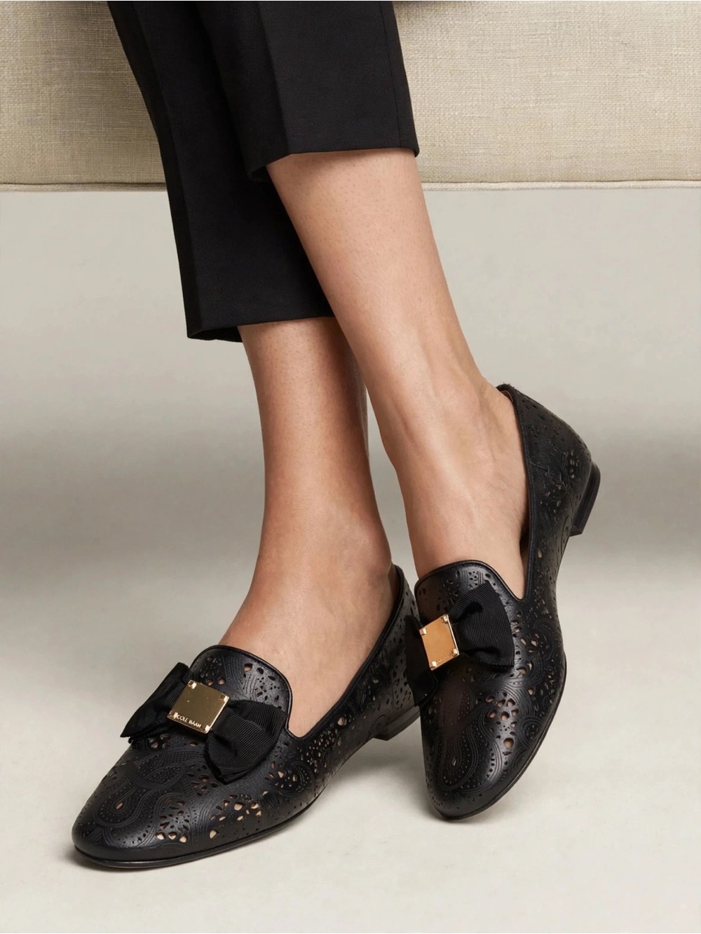 Black Cole Haan Leather Bow Loafers with Gold Accent - Women's Shoes